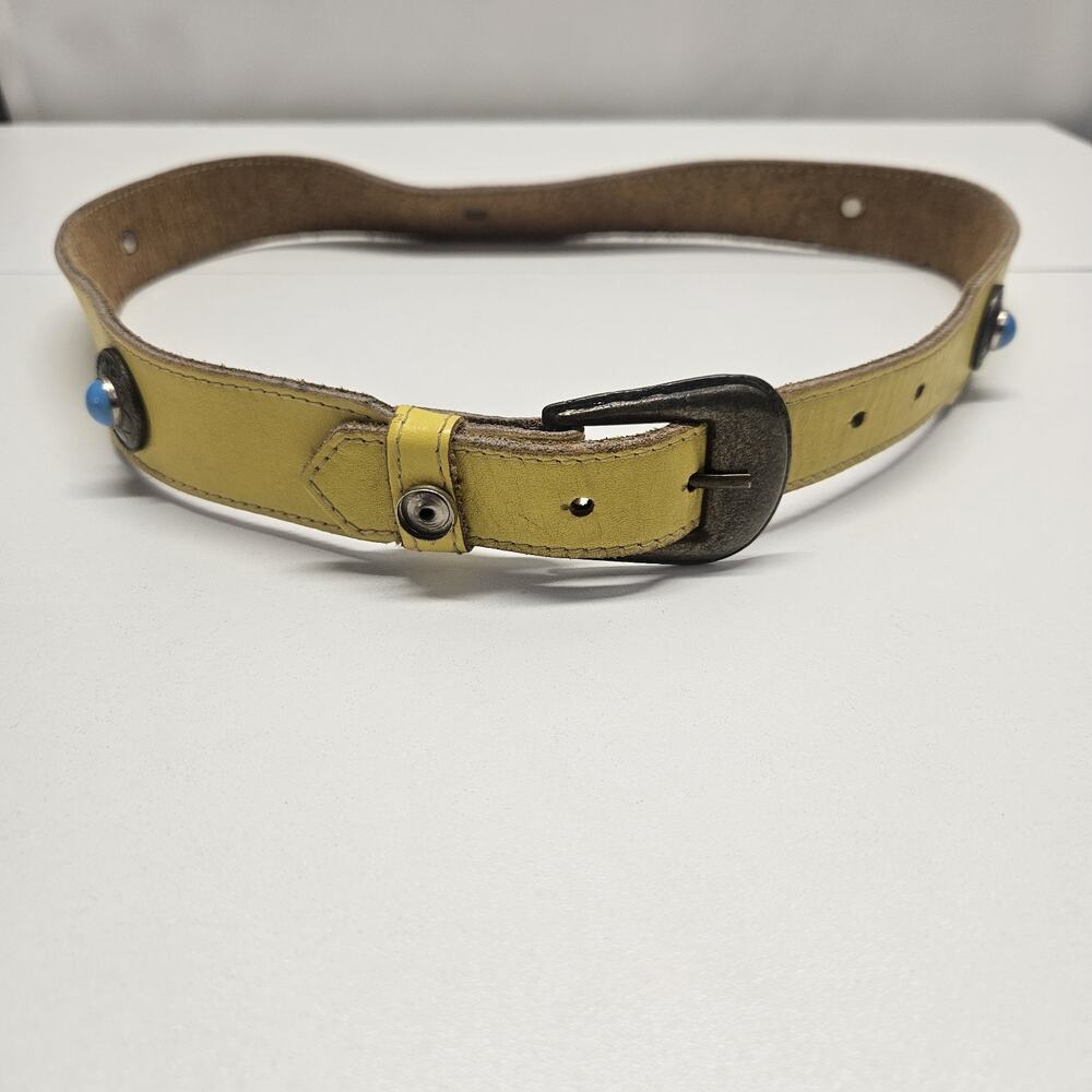 Vtg 1970s Belt Thin Yellow Leather Brass Blue Conchos Women's Small 28-32" Boho